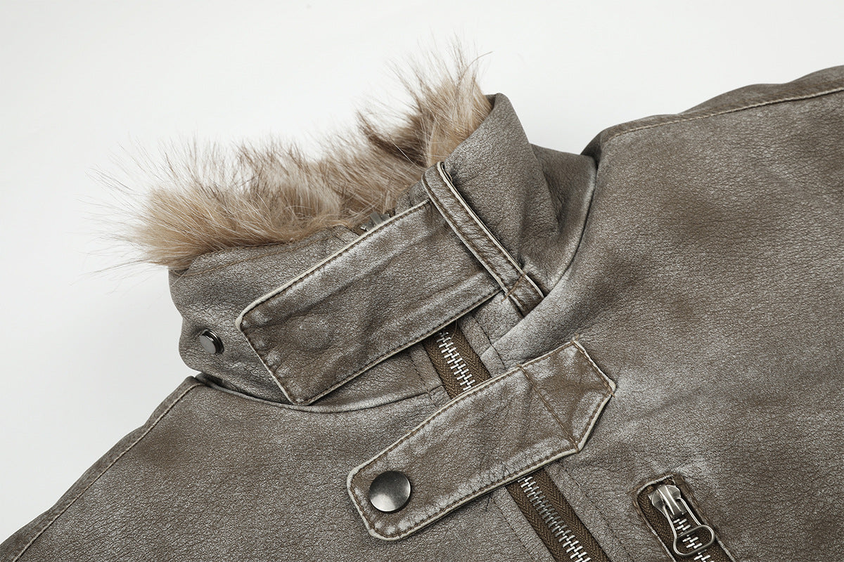 Vintage Washed Bomber Jacket with Faux Fur Collar — Oversized Padded Flight