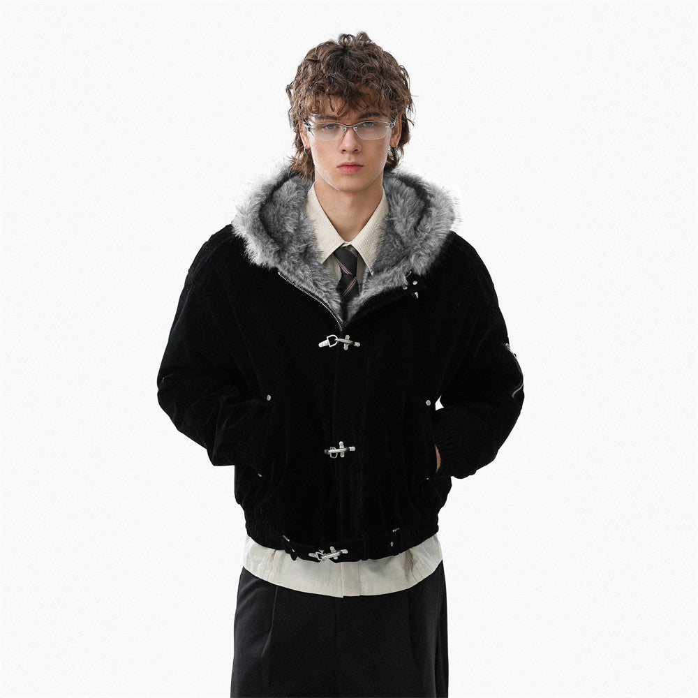 Faux Mink Fur-Trimmed Hooded Bomber Jacket with Toggle Clasps