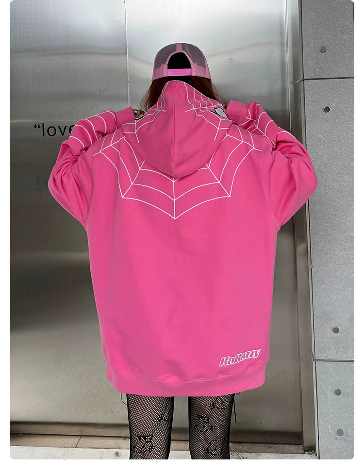 Spider-Inspired Hoodie - 400GSM Oversized Pink Zip-Up Superhero Sweatshirt