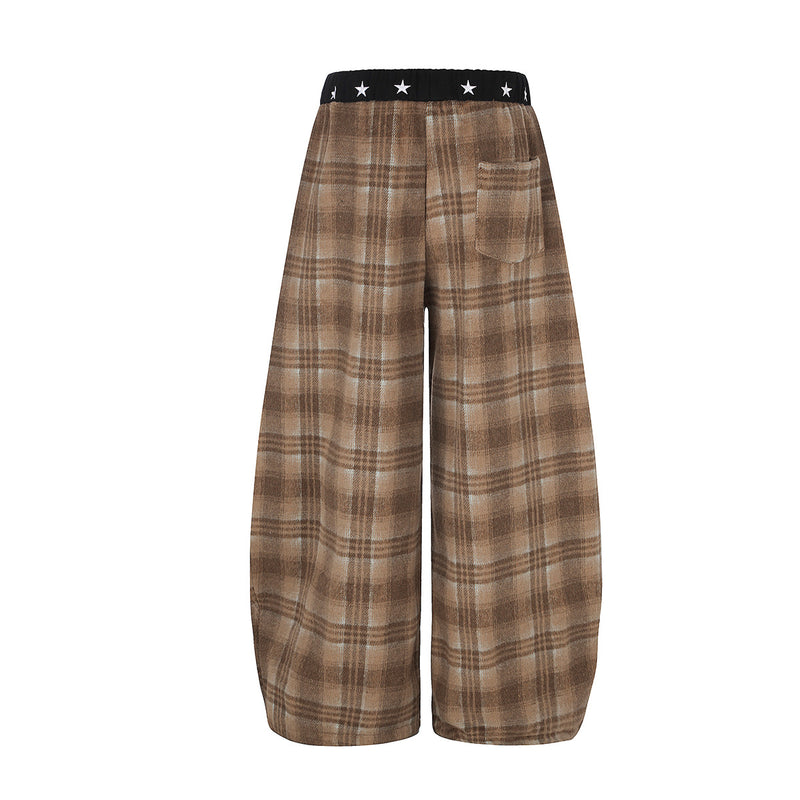 Plaid Wide-Leg Pants with Star Waistband – Oversized Retro Streetwear Trousers