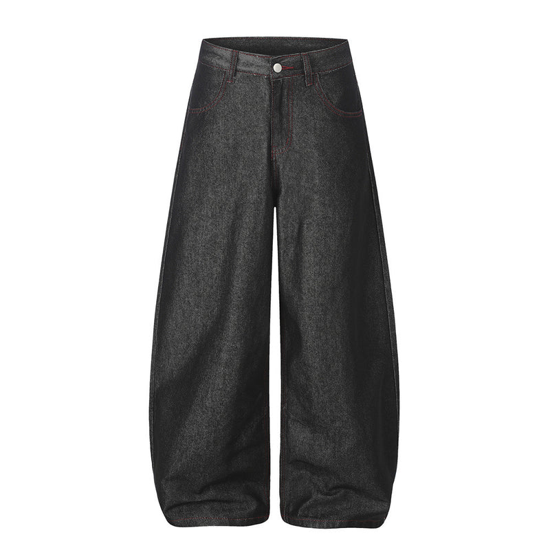Wide-Leg Barrel Jeans – Men's High-Street Curved Silhouette with Red Stitching