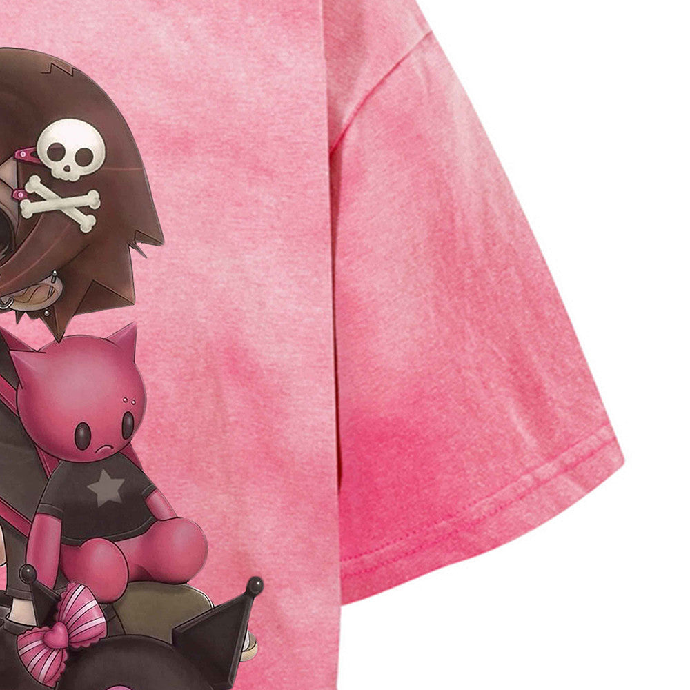 Anime Girl Graphic Acid Wash T-Shirt – Sanrio & Game Boy Print, Oversized Crew