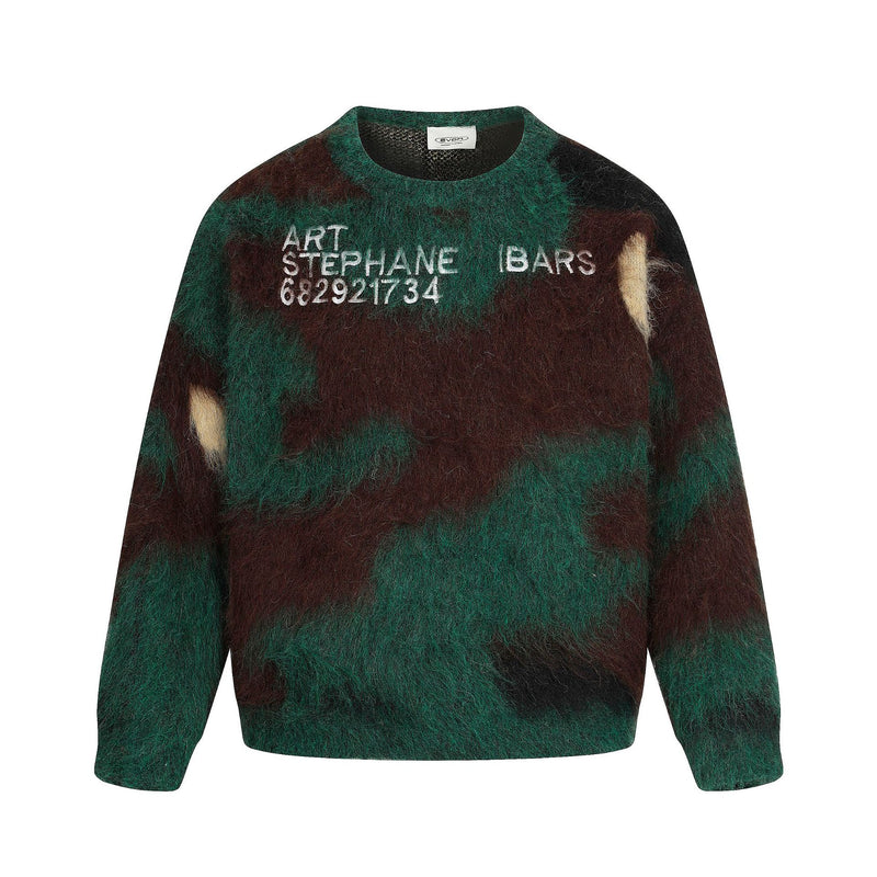 Men's oversized camo print fuzzy mohair-style crew neck knit sweater in forest green, brown and cream with embroidered chest