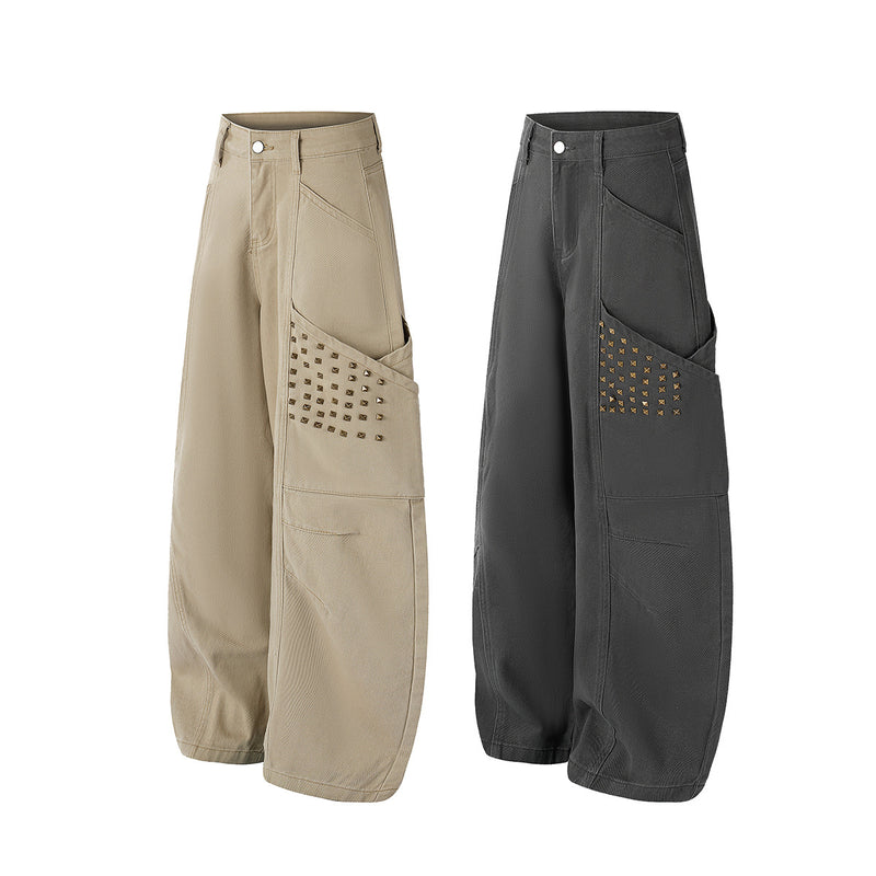 Studded Wide-Leg Cargo Pants with Oversized Pockets