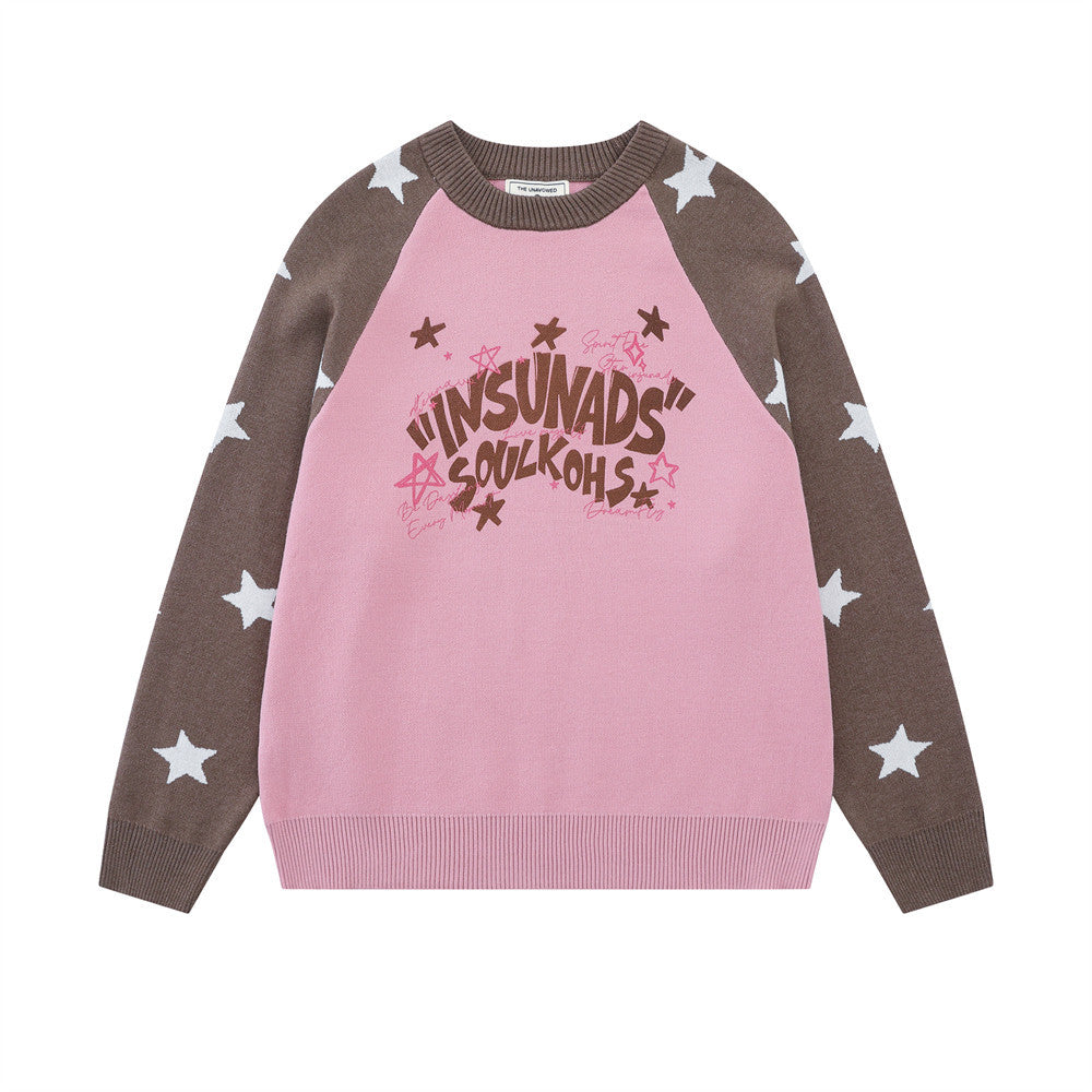 Long Sleeve Sweater Men Star Colorblock Raglan Crew Neck Knit Pullover