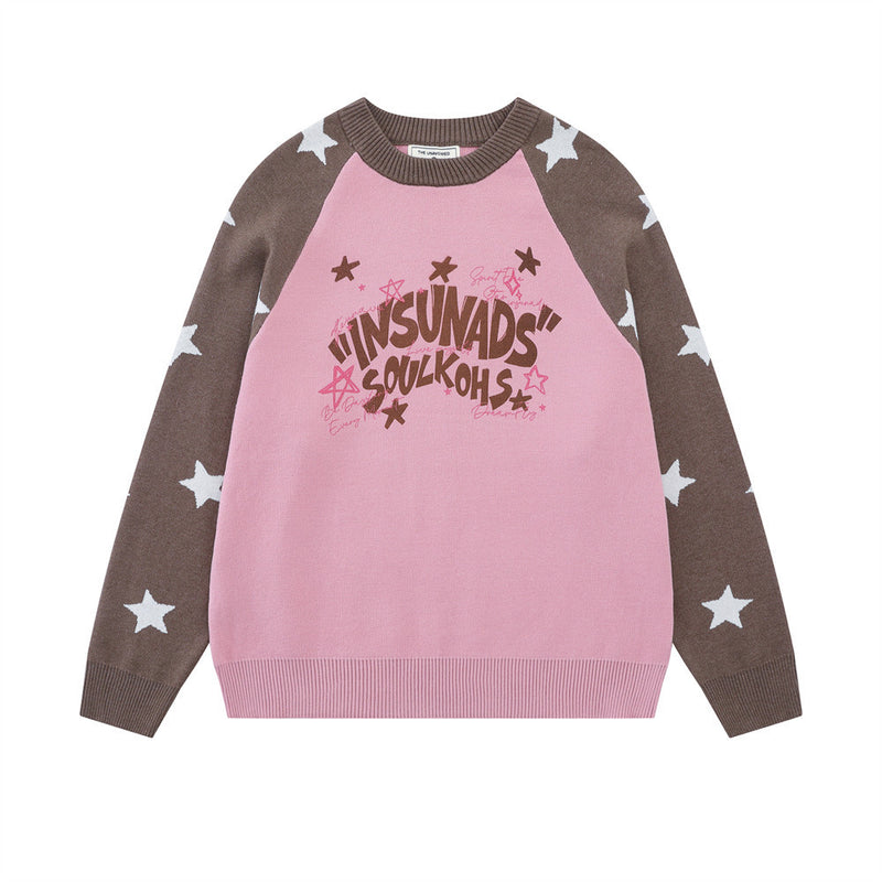 Long Sleeve Sweater Men Star Colorblock Raglan Crew Neck Knit Pullover