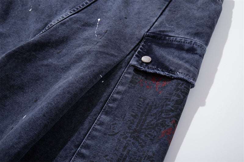 Paint Splatter Cargo Denim Shorts – Wide-Leg Washed Streetwear