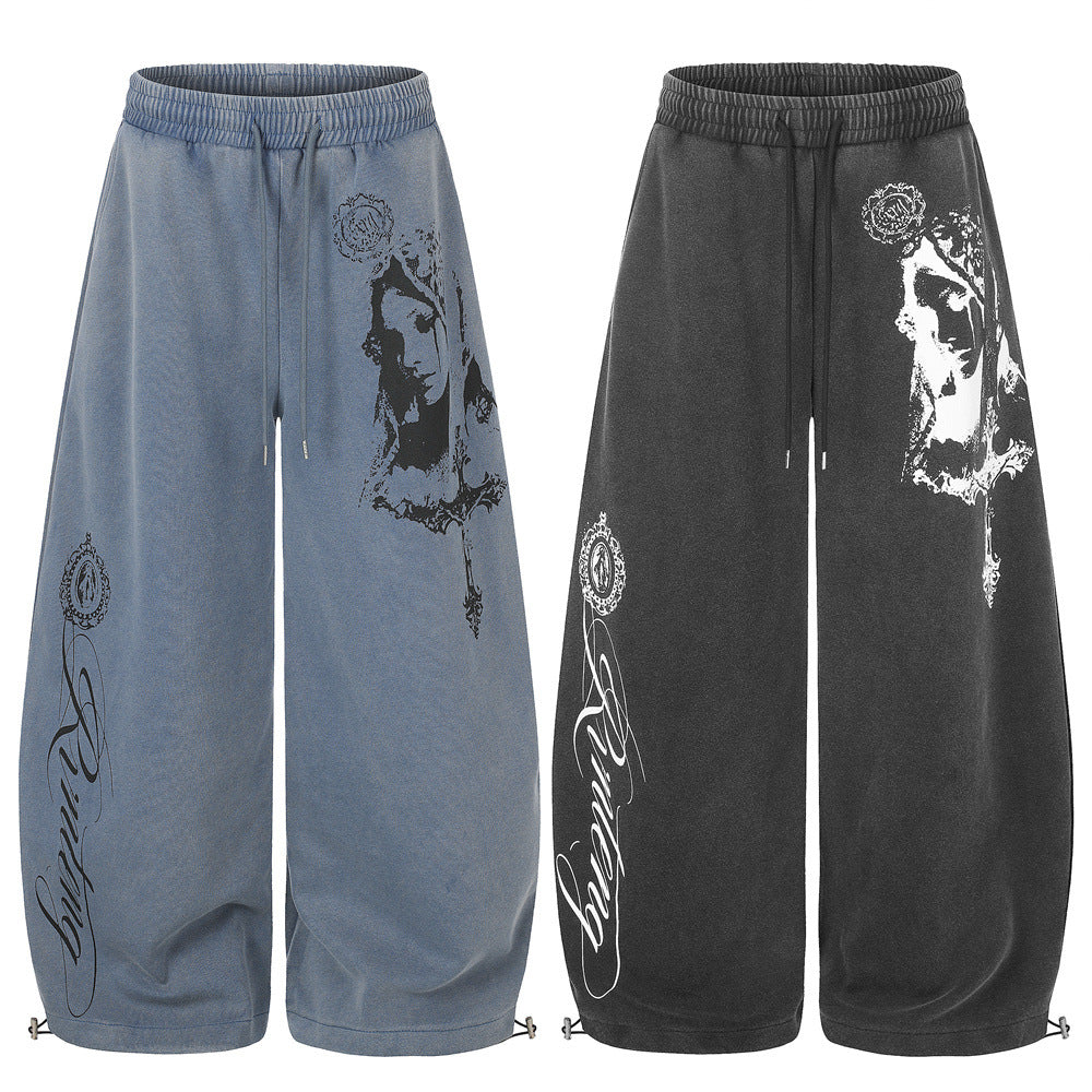 Wide-Leg Sweatpants with Cross & Madonna Graphic – Acid Wash Streetwear Joggers