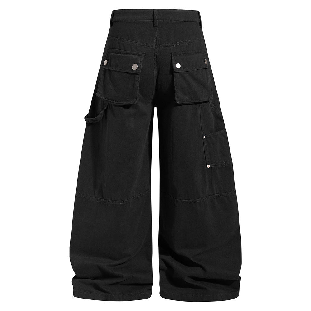Men's Wide-Leg Cargo Pants – Loose Fit Multi-Pocket Arc-Hem Streetwear Trousers