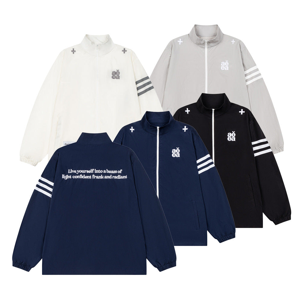 AEEA Oversized Stand Collar Track Jacket with Three-Stripe Sleeves