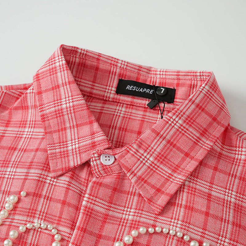 Oversized Plaid Short Sleeve Shirt with Pearl Bead Script Detail