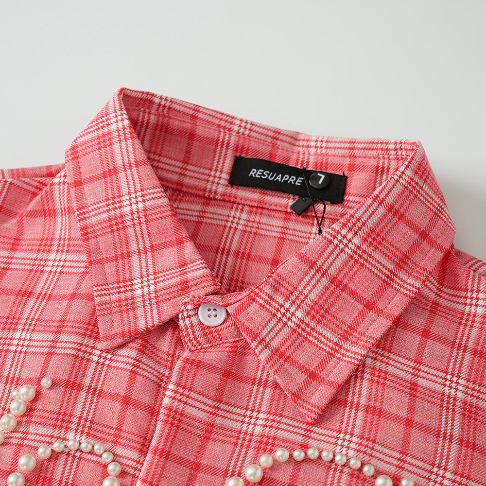 Oversized Plaid Short Sleeve Shirt with Pearl Bead Script Detail