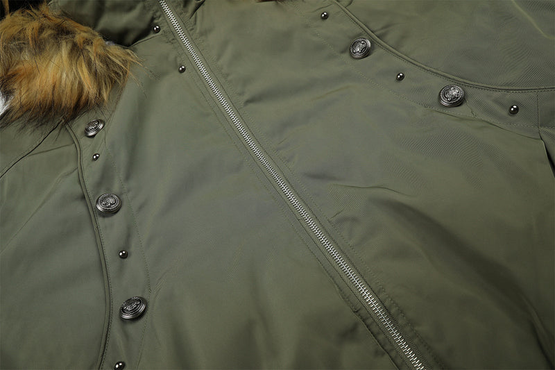 Fur-Trim Hood Bomber Jacket – Padded Winter Flight Coat with Double-Breasted
