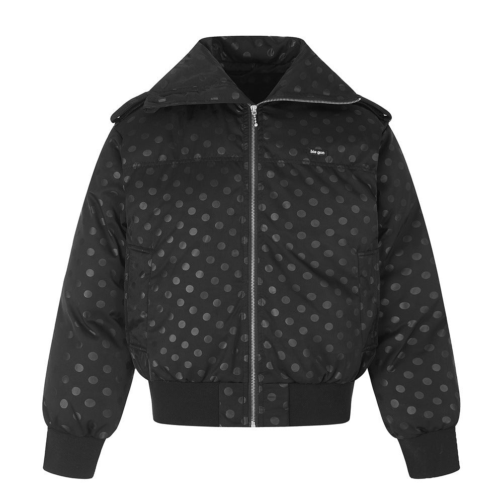 Men's oversized polka dot puffer bomber jacket in black with wide lapel collar and full zip closure