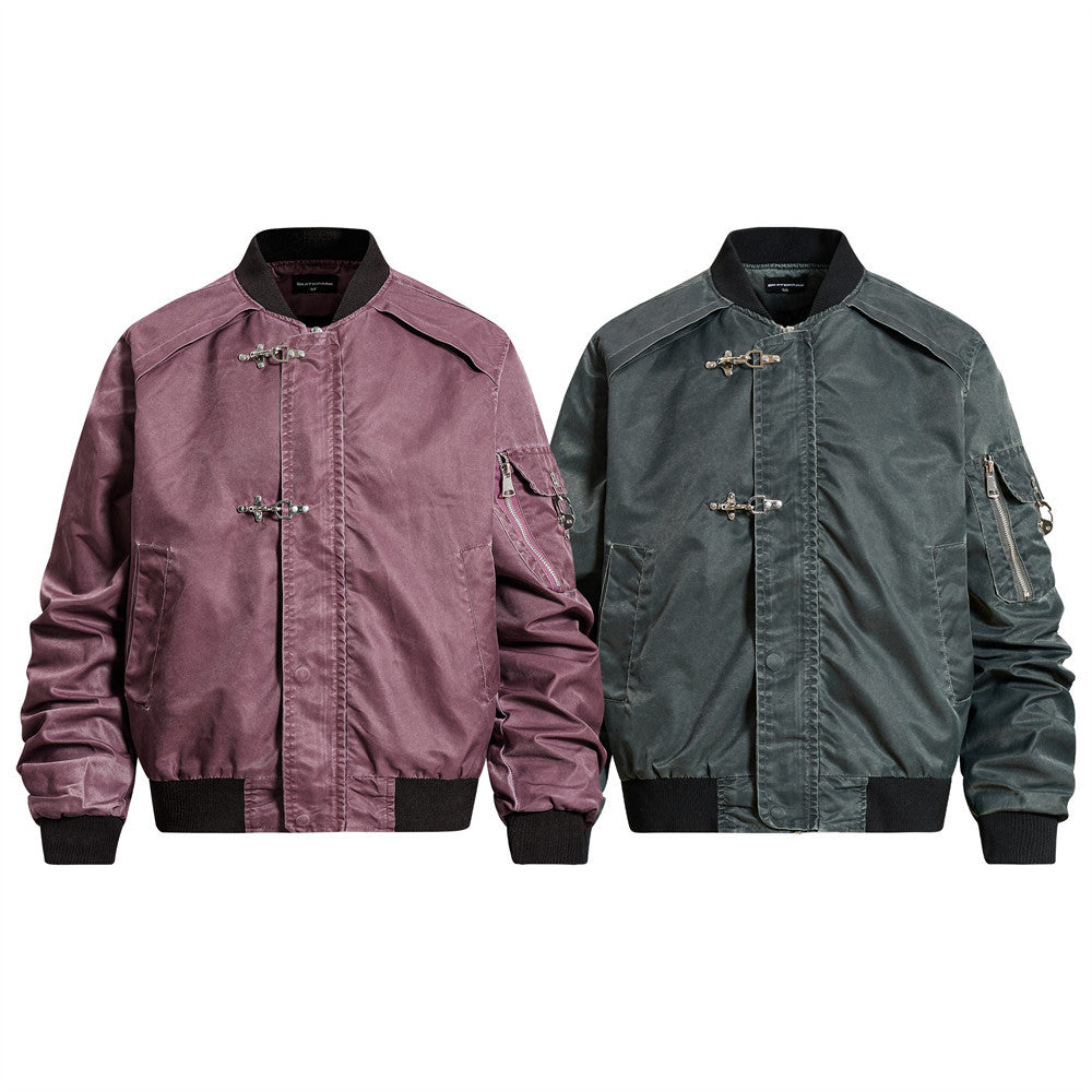 Bomber Jacket for Men – Washed Oversized Fit with Metal Clasp & Pleated Sleeves