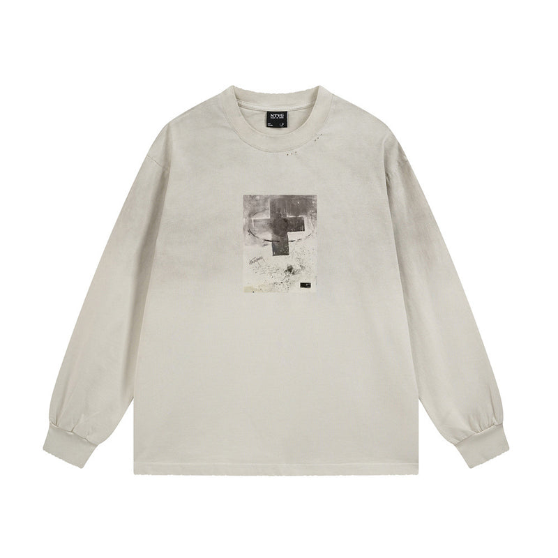 Langarmshirt mit Kreuz-Print und Acid-Wash – Vintage-Distressing mit offenem Saum