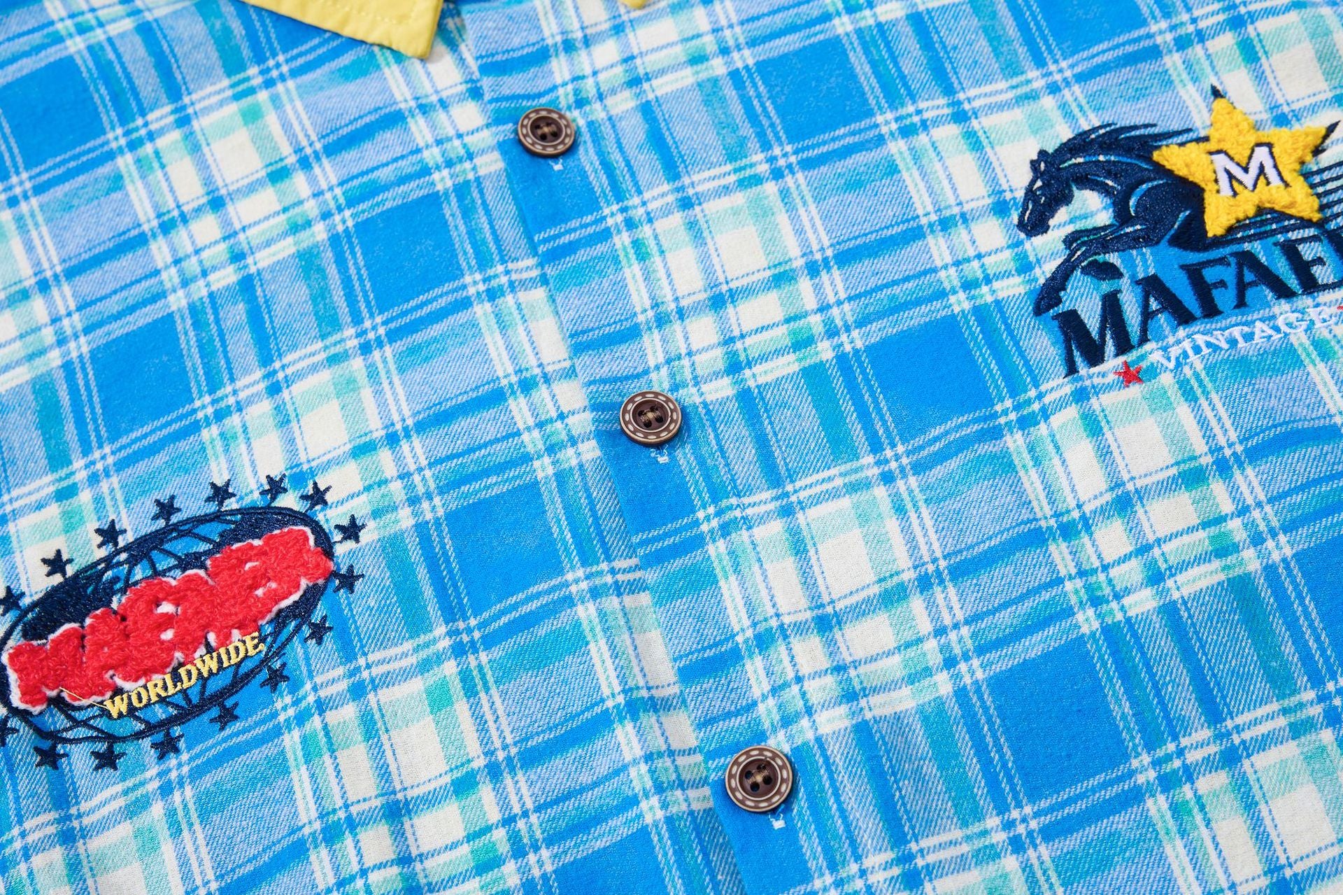 Plaid Flannel Shirt Jacket with Vintage Cartoon Embroidery – Washed Oversized