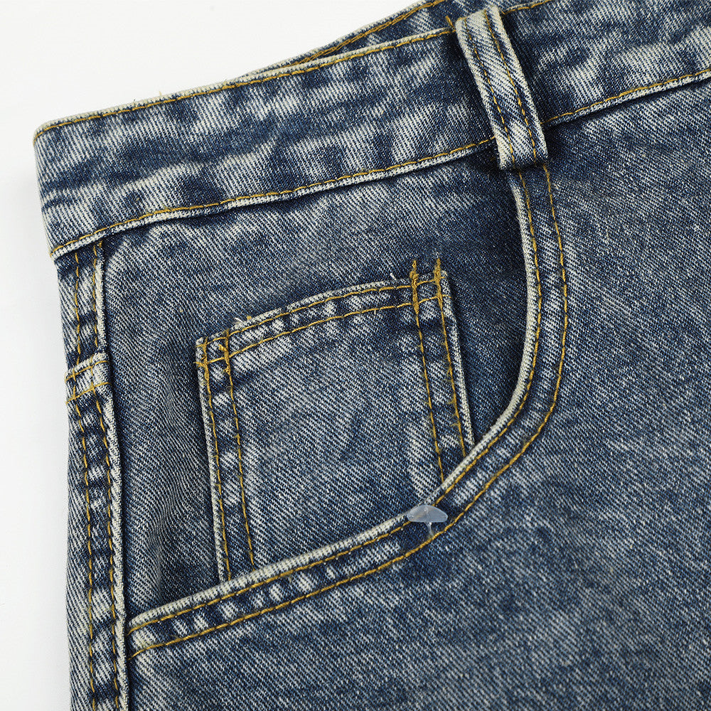 Cartoon Dachshund Embroidered Wide-Leg Jeans – Men's Vintage Washed Curved Hem
