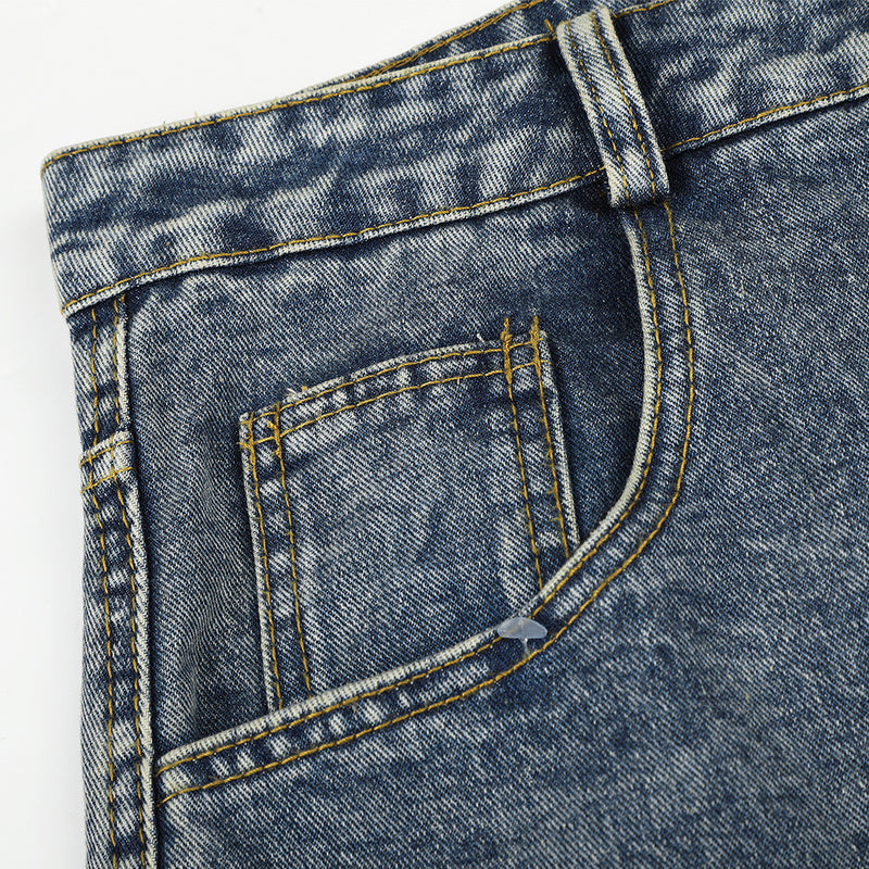 Cartoon Dachshund Embroidered Wide-Leg Jeans – Men's Vintage Washed Curved Hem