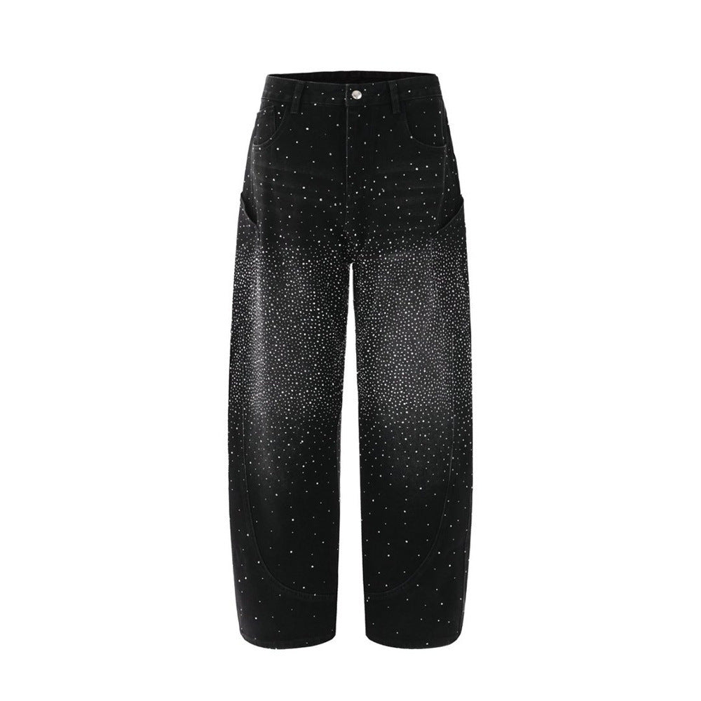 Rhinestone Wide-Leg Jeans – Men's Distressed Denim with Large Cargo Pockets &