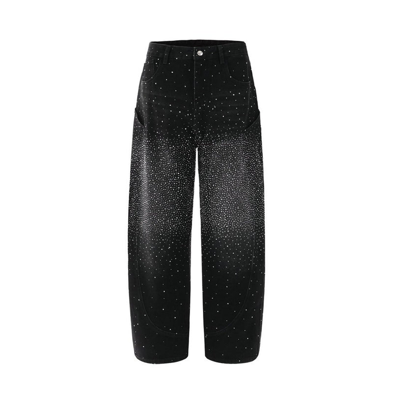Rhinestone Wide-Leg Jeans – Men's Distressed Denim with Large Cargo Pockets &
