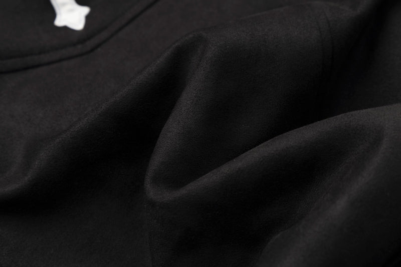 Black Fur-Trim Hooded Bomber Jacket with Arrow Appliqué Sleeves