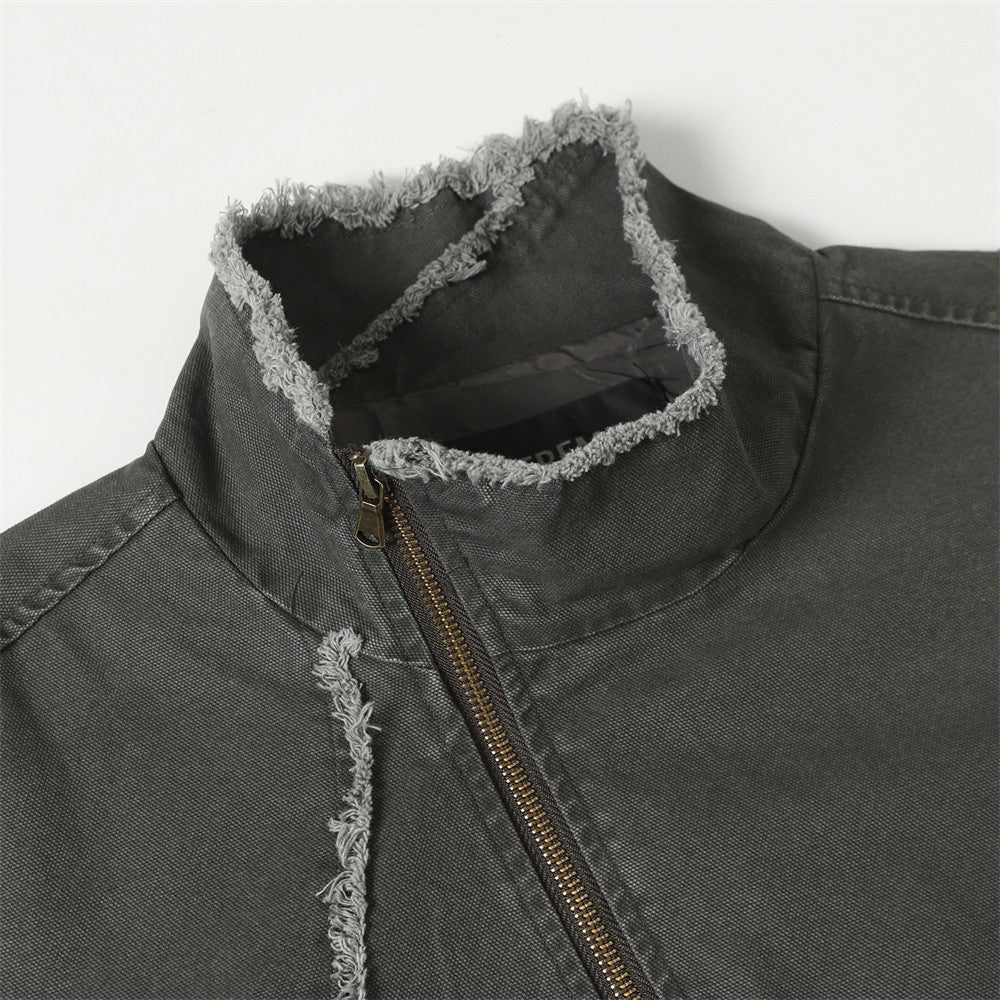 Blouson bomber déconstruit en toile à coutures effilochées et zip diagonal