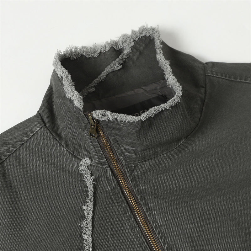 Blouson bomber déconstruit en toile à coutures effilochées et zip diagonal