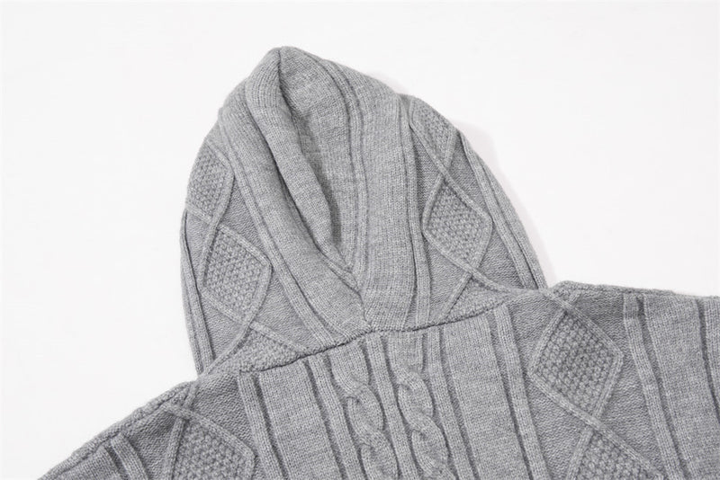 Sweat à capuche zippé en maille torsadée à motif losanges et capuche à cordon