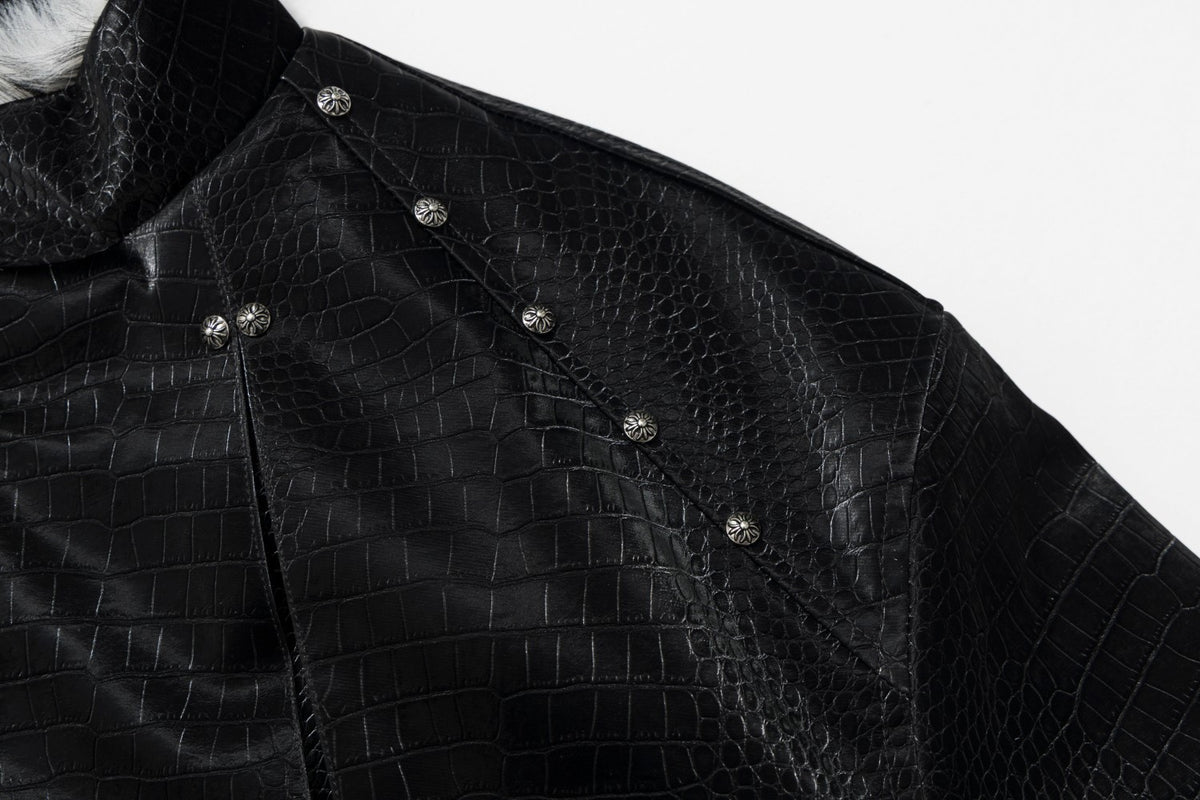Croc-Embossed Faux Leather Bomber Jacket with Fur Collar
