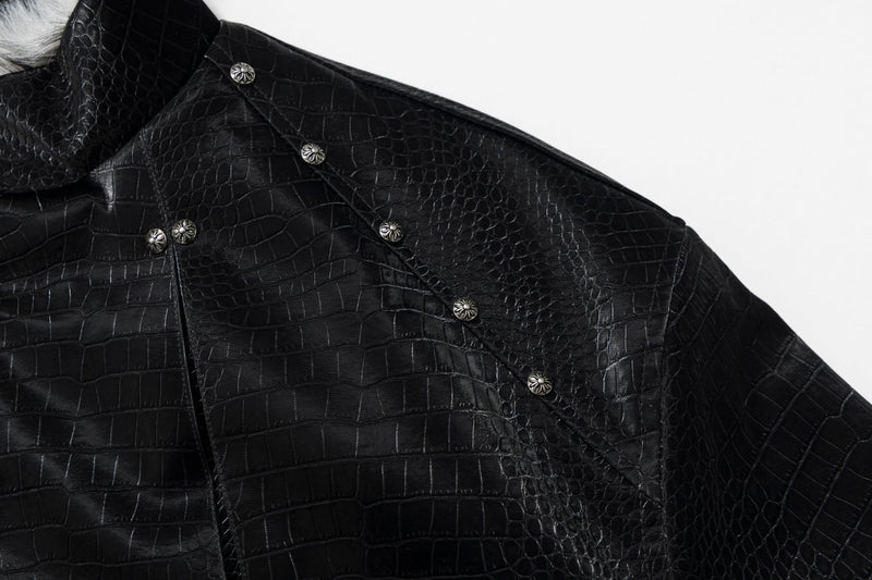 Croc-Embossed Faux Leather Bomber Jacket with Fur Collar