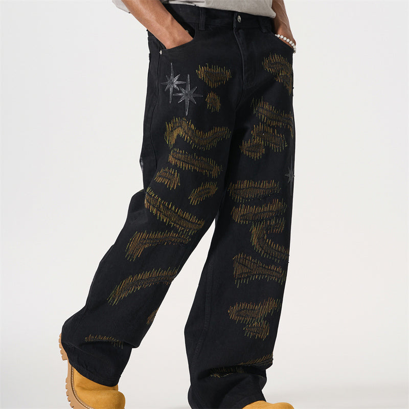 Wide-Leg Jeans with Chaotic Needle Embroidery & Star Patches