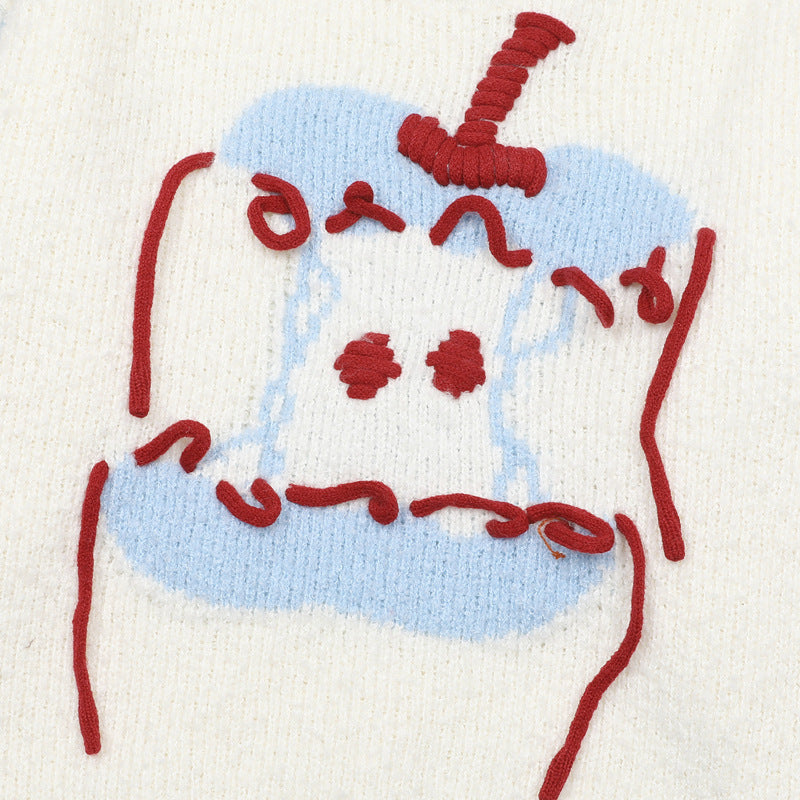 Cartoon Jacquard Crewneck Knit Sweater with Fringe Detail