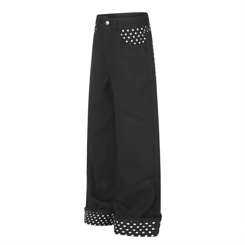 Pantalon à jambes larges avec poches contrastantes à pois et revers aux ourlets