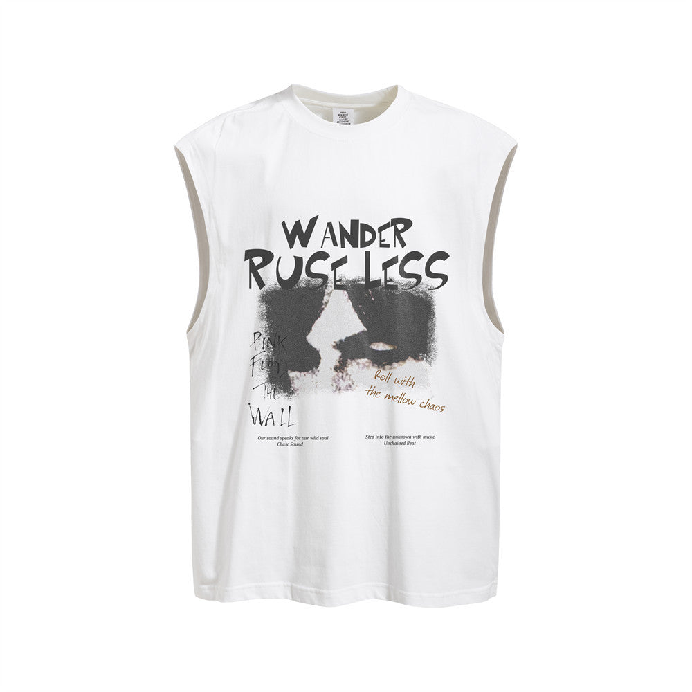 Graphic Print Sleeveless Tank Top – Oversized Fit, Round Neck, Wander Ruseless