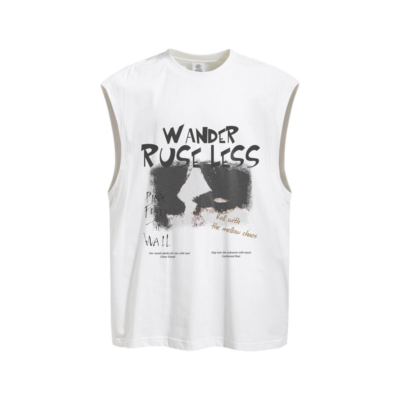 Graphic Print Sleeveless Tank Top – Oversized Fit, Round Neck, Wander Ruseless