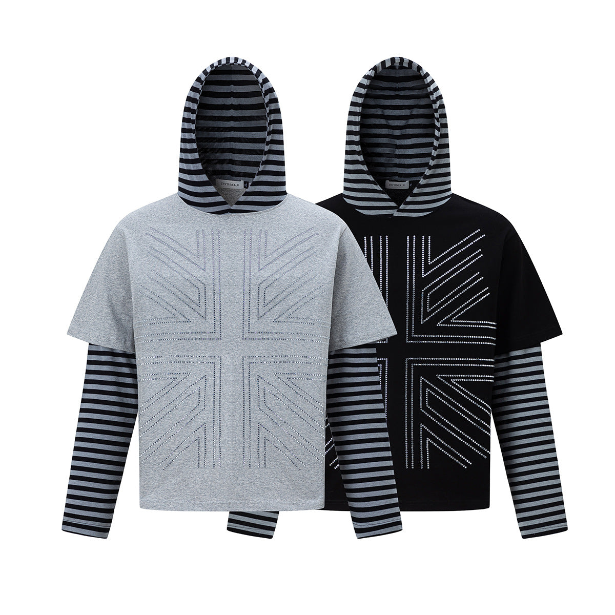 Sweat à capuche oversize effet deux pièces, motif Union Jack à strass sur le devant et manches longues rayées noires et blanches, présenté i
