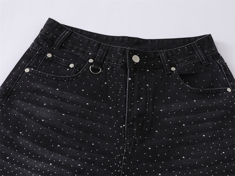 Wide-Leg Rhinestone Denim Shorts – Vintage Washed Straight-Cut Bermuda
