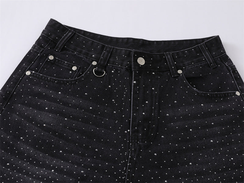 Wide-Leg Rhinestone Denim Shorts – Vintage Washed Straight-Cut Bermuda