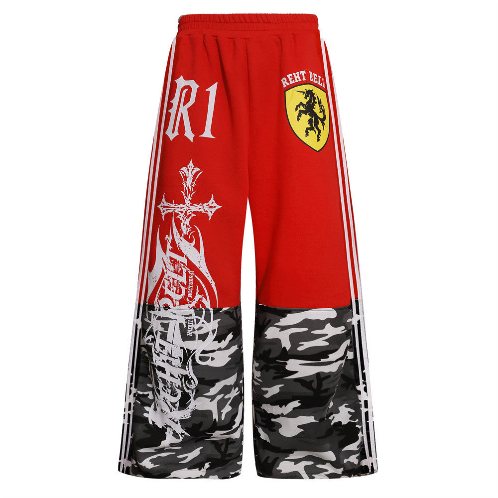 Men's Wide-Leg Track Pants with Camo Print, Cross Graphic & Side Stripes