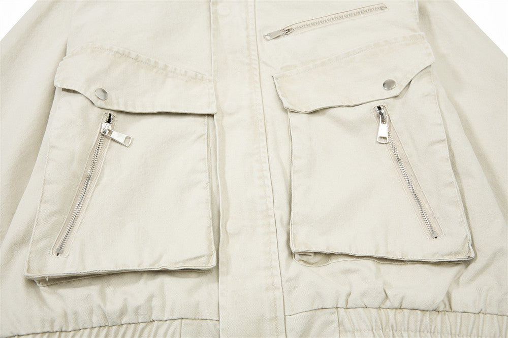 Men's Cargo Bomber Jacket with Multi-Pocket Stand Collar, Relaxed Fit