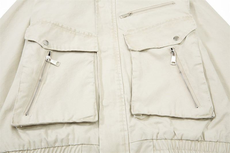 Men's Cargo Bomber Jacket with Multi-Pocket Stand Collar, Relaxed Fit