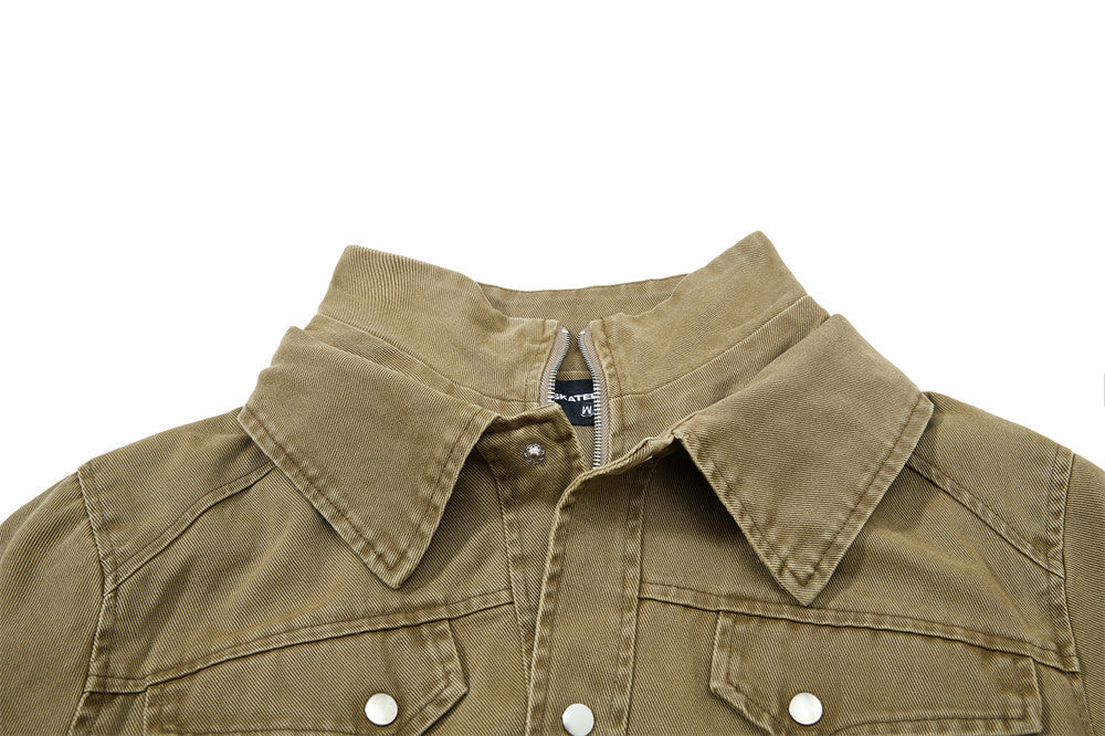 Men's Washed Denim Bomber Jacket – Oversized Fit, Double Collar & Zip Pockets