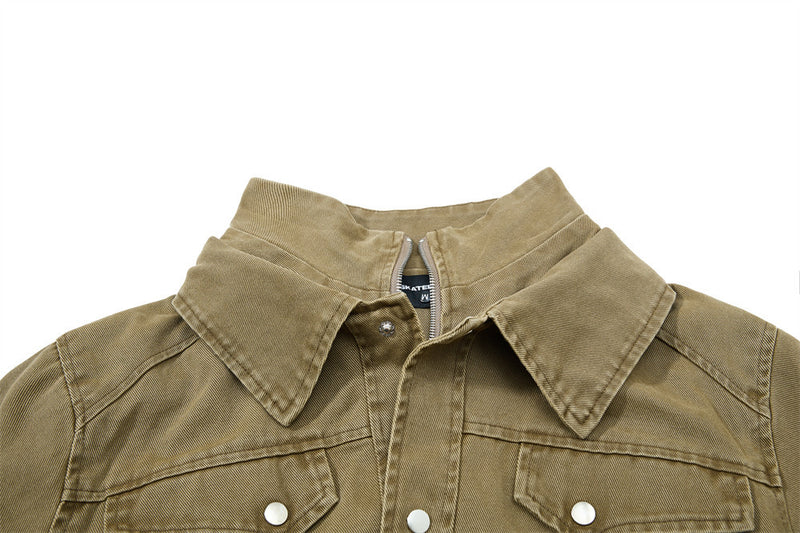 Men's Washed Denim Bomber Jacket – Oversized Fit, Double Collar & Zip Pockets