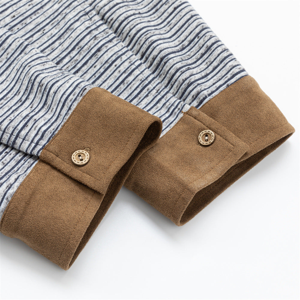 Striped Half-Zip Polo Sweatshirt with Suede Collar & Cuffs