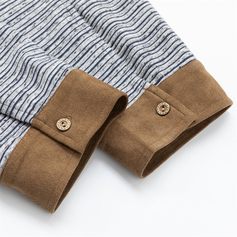 Striped Half-Zip Polo Sweatshirt with Suede Collar & Cuffs