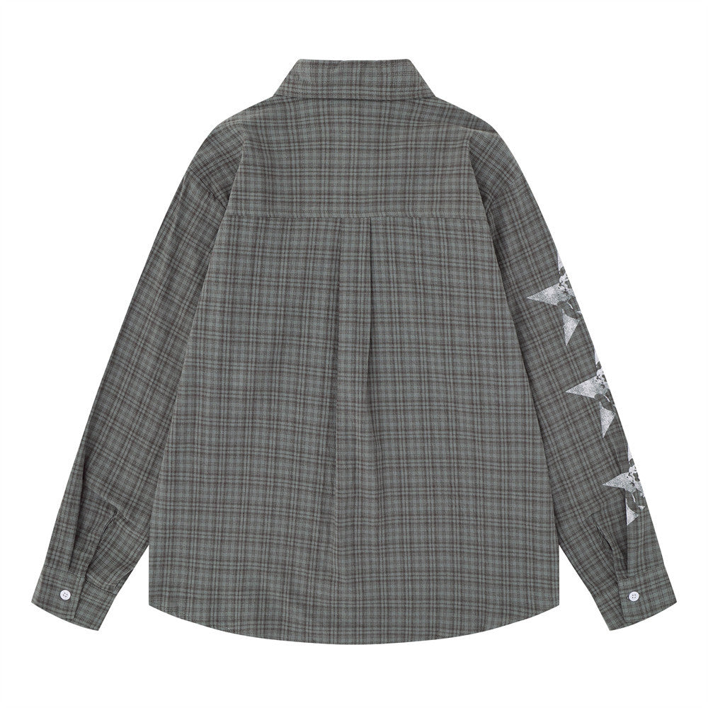 Men's Plaid Graphic Button-Down Shirt – Oversized Streetwear Long Sleeve
