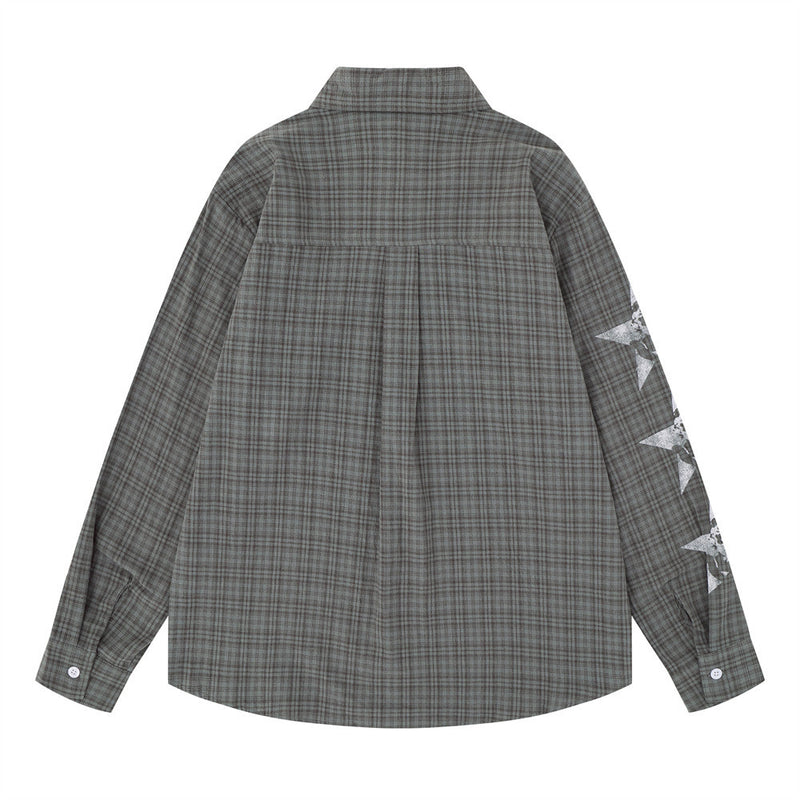 Men's Plaid Graphic Button-Down Shirt – Oversized Streetwear Long Sleeve