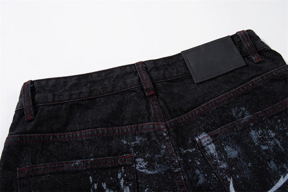 Tribal Print Baggy Jeans – Black Distressed Wide-Leg Denim