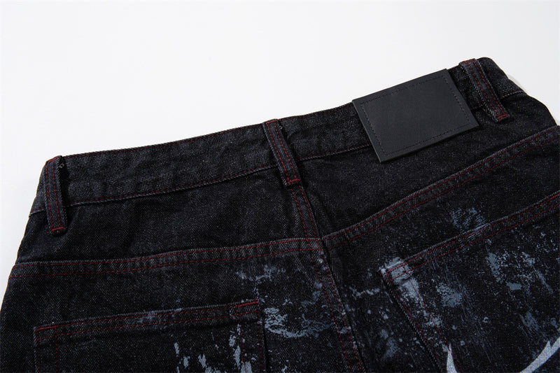 Tribal Print Baggy Jeans – Black Distressed Wide-Leg Denim